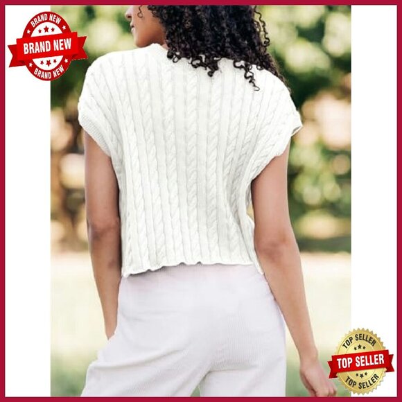 Cable Knit Cropped Sweater Vest Cap Sleeve Pullover Loose Fit - Picture 5 of 5